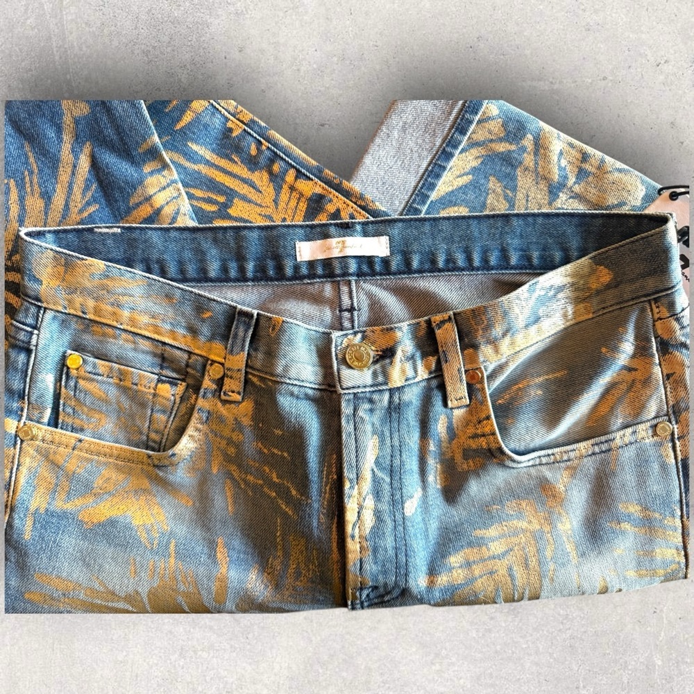 7 For All Mankind Cropped Relaxed Skinny Jeans Gold Leaf Print (Sample) NWT - Picture 8 of 11